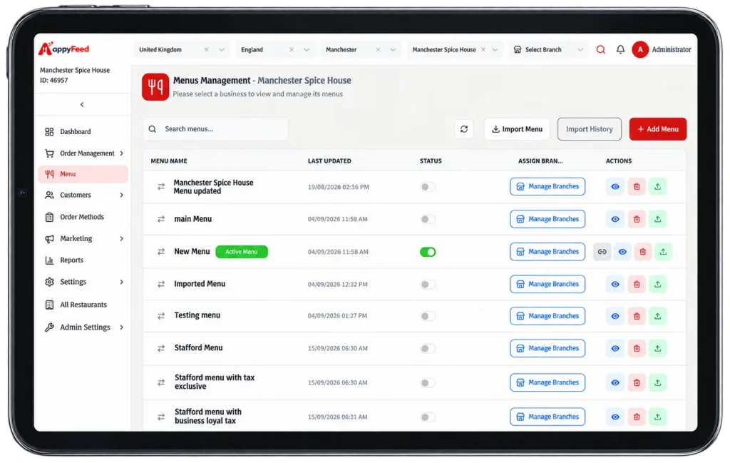 appyFeed menu management screen on a tablet