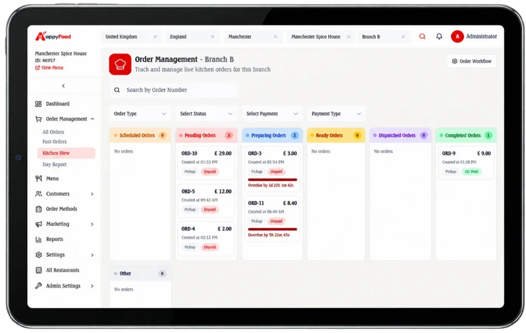 appyFeed kitchen live orders board on a tablet