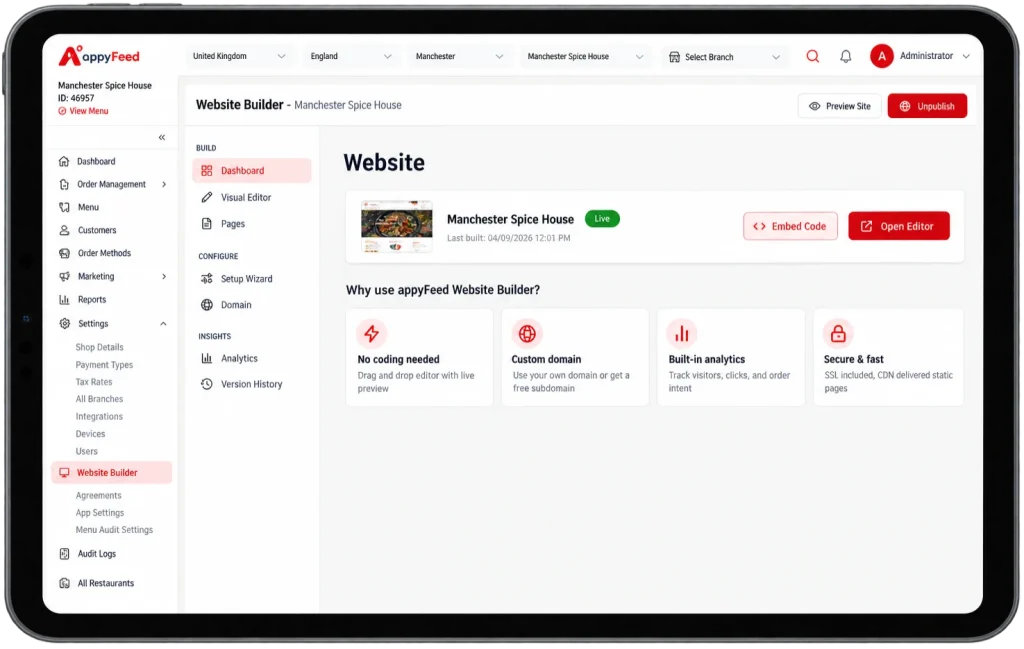 appyFeed website builder screen on a tablet
